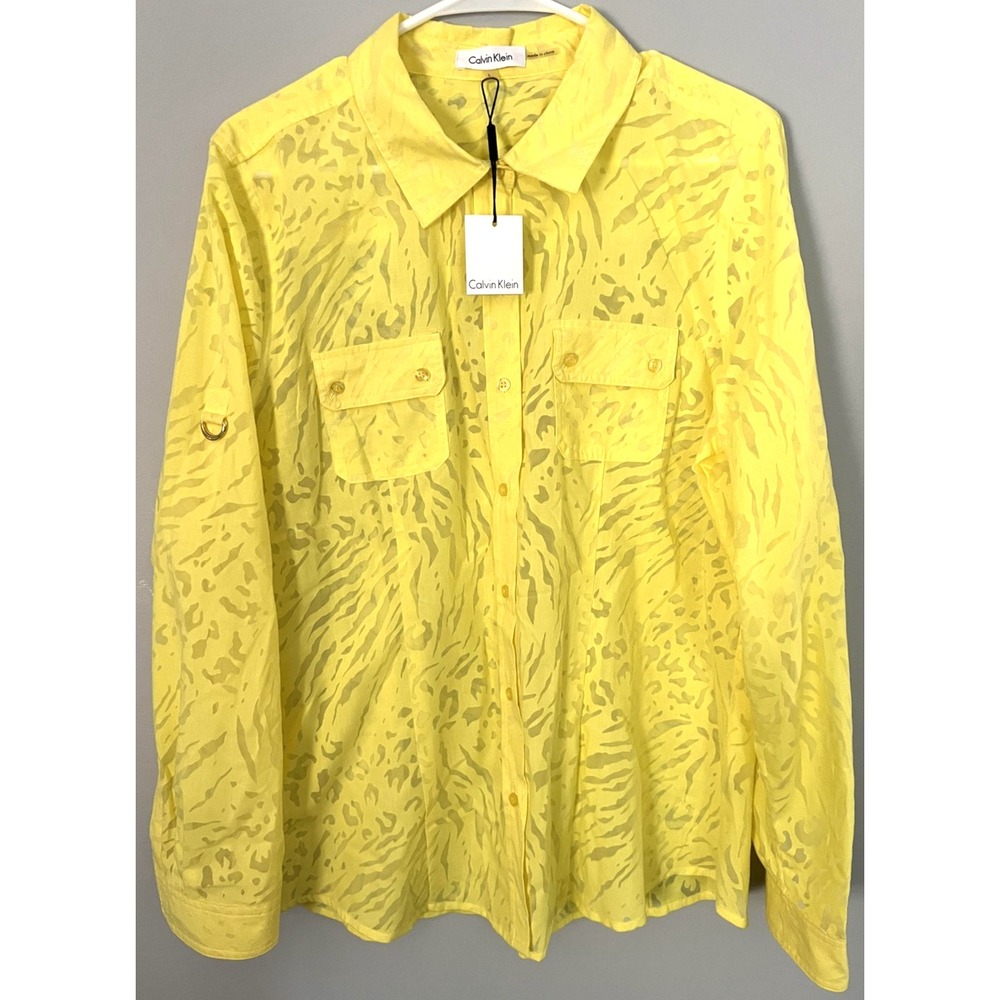 Calvin Klein Shirt Womens L Yellow Sheer Burnout Animal Print Button Pockets NWT